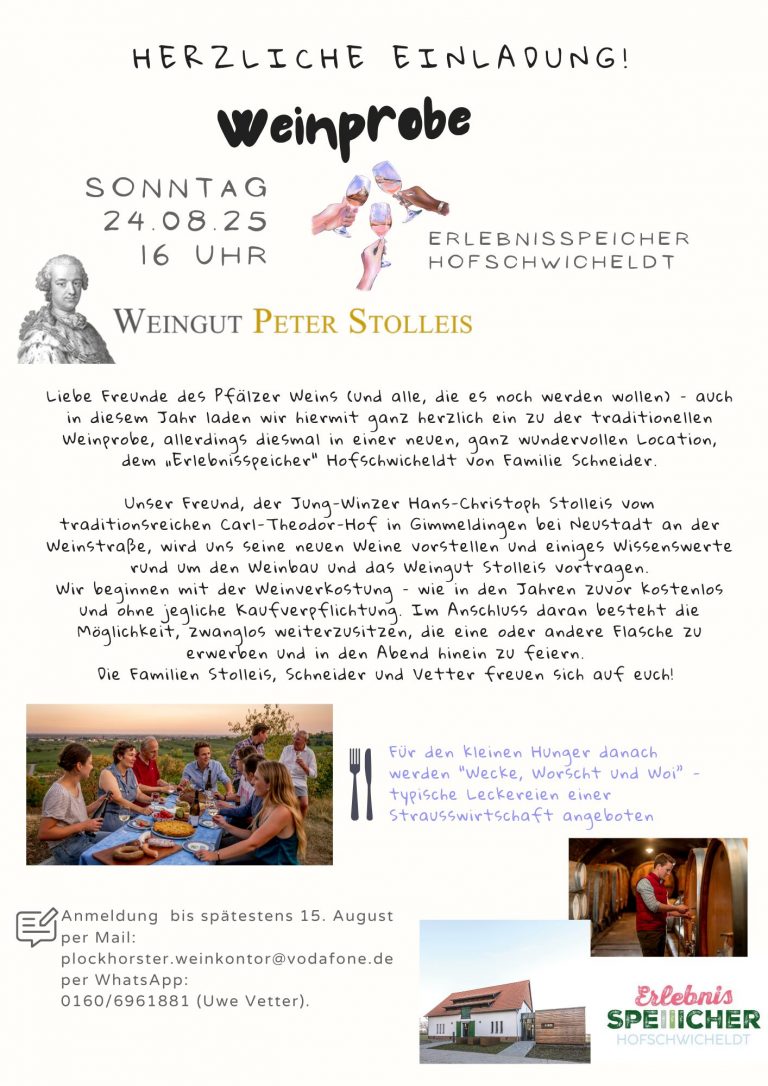 Ankündigung für eine Weinprobe im Erlebnisspeicher